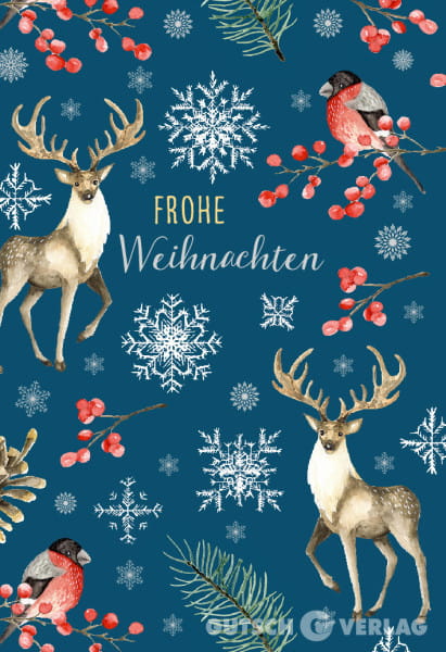 Weihnachtskarte Klappkarte - Frohe Weihnachten / Hirsch / Vogel / Schneeflocke