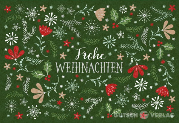 Weihnachtskarte Klappkarte - Frohe Weihnachten / Grün / Blumen / Tannenzweige